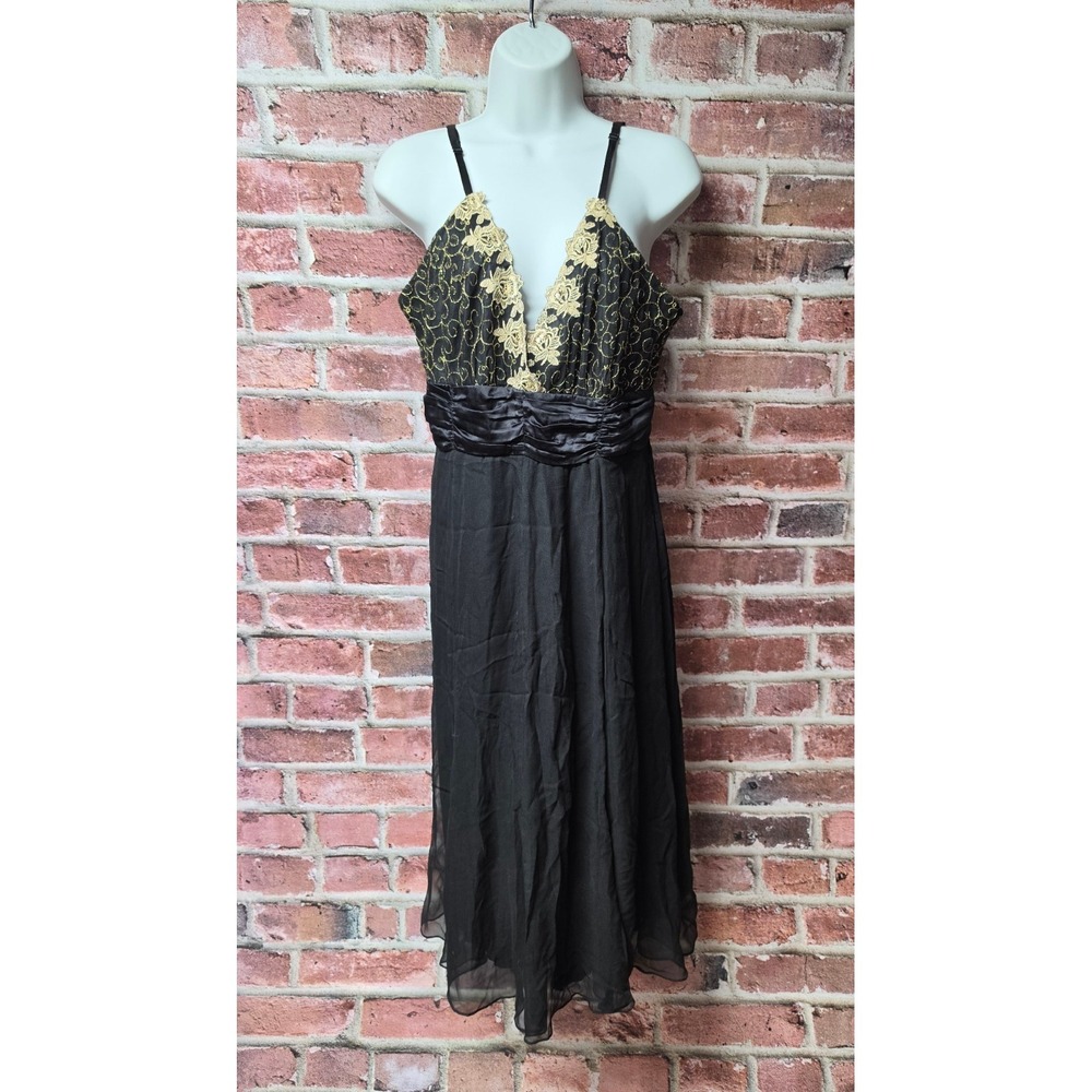 Women's JONATHAN MARTIN Black Gold Lace Bodice Chiffon Formal Dress Size 12